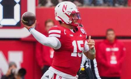 Oct 25, 2025; Lincoln, Nebraska, USA; Nebraska Cornhuskers quarterback Dylan Raiola (15) throws a pass against the Northwestern Wildcats during the first quarter at Memorial Stadium. Mandatory Credit: Dylan Widger-Imagn Images