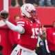 Oct 25, 2025; Lincoln, Nebraska, USA; Nebraska Cornhuskers quarterback Dylan Raiola (15) throws a pass against the Northwestern Wildcats during the first quarter at Memorial Stadium. Mandatory Credit: Dylan Widger-Imagn Images