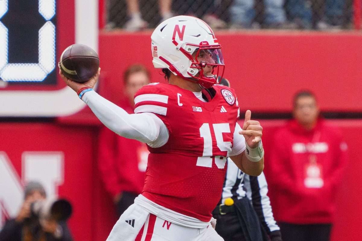 Oct 25, 2025; Lincoln, Nebraska, USA; Nebraska Cornhuskers quarterback Dylan Raiola (15) throws a pass against the Northwestern Wildcats during the first quarter at Memorial Stadium. Mandatory Credit: Dylan Widger-Imagn Images