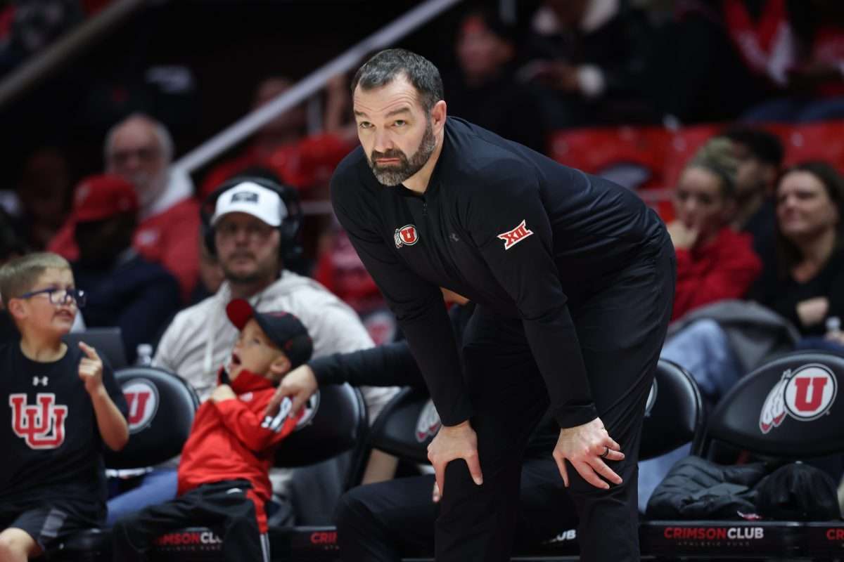 Dec 6, 2025; Salt Lake City, Utah, USA; Utah Utes head coach Alex Jensen watches play against the California Baptist Lancers during the second half at Jon M. Huntsman Center. Mandatory Credit: Rob Gray-Imagn Images