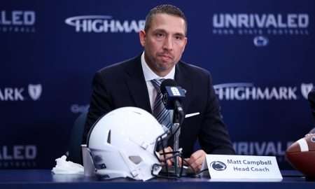 Dec 8, 2025; University Park, PA, USA; Matt Campbell answers questions from the media after being announced as the Penn State Nittany Lions new head coach during a press conference at the Beaver Stadium Press Room. Mandatory Credit: Matthew O'Haren-Imagn Images