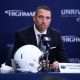 Dec 8, 2025; University Park, PA, USA; Matt Campbell answers questions from the media after being announced as the Penn State Nittany Lions new head coach during a press conference at the Beaver Stadium Press Room. Mandatory Credit: Matthew O'Haren-Imagn Images