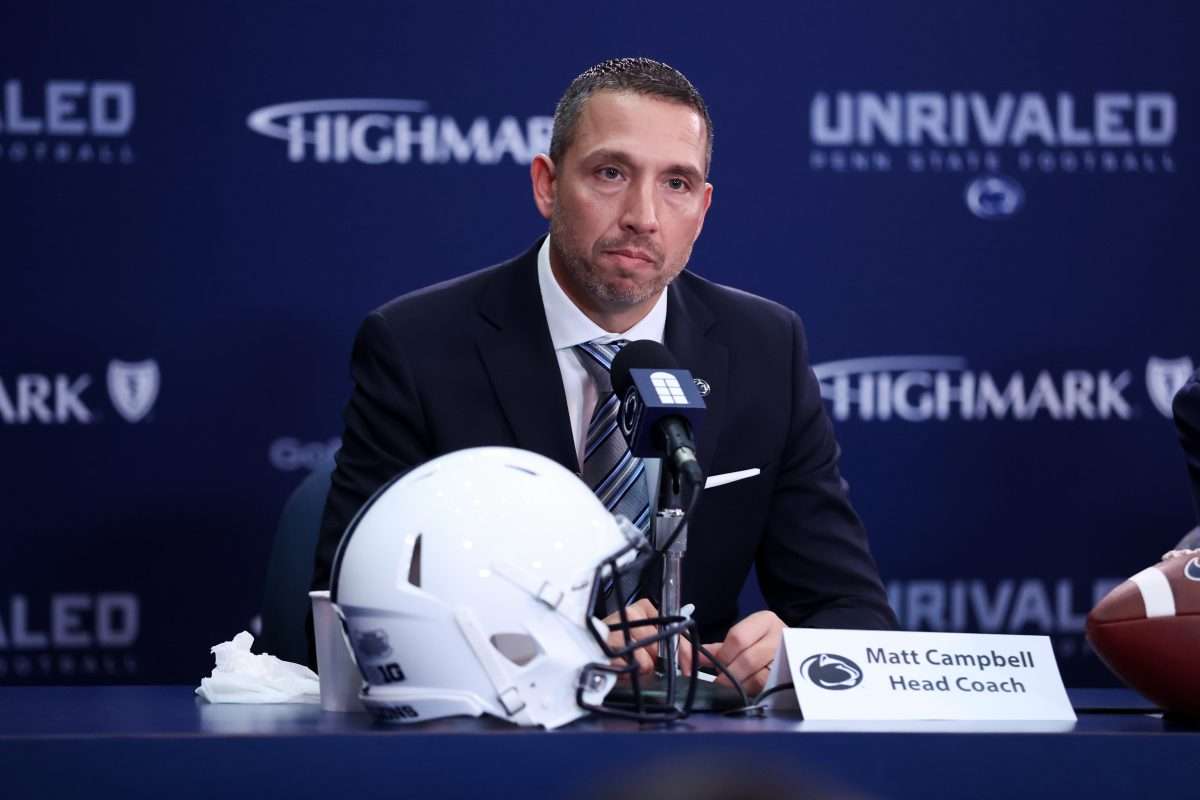 Dec 8, 2025; University Park, PA, USA; Matt Campbell answers questions from the media after being announced as the Penn State Nittany Lions new head coach during a press conference at the Beaver Stadium Press Room. Mandatory Credit: Matthew O'Haren-Imagn Images