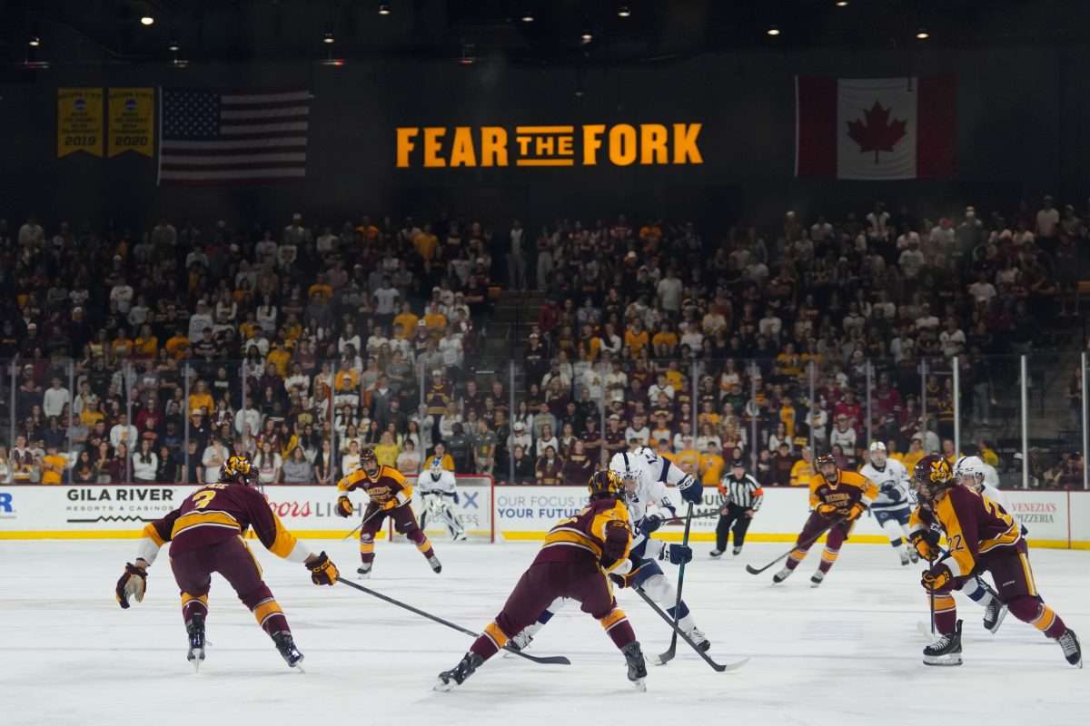 Oct 4, 2025; Tempe, AZ, USA; General action during the first period of the game between the Arizona State Sun Devils and the Penn State Nittany Lions at Mullett Arena. Mandatory Credit: Joe Camporeale-Imagn Images