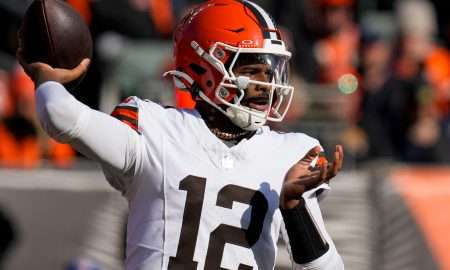 Cleveland Browns quarterback Shedeur Sanders (12) throws a pass in the first quarter of the NFL Week 18 game between the Cincinnati Bengals and the Cleveland Browns at Paycor Stadium in Downtown Cincinnati on Sunday, Jan. 4, 2026.