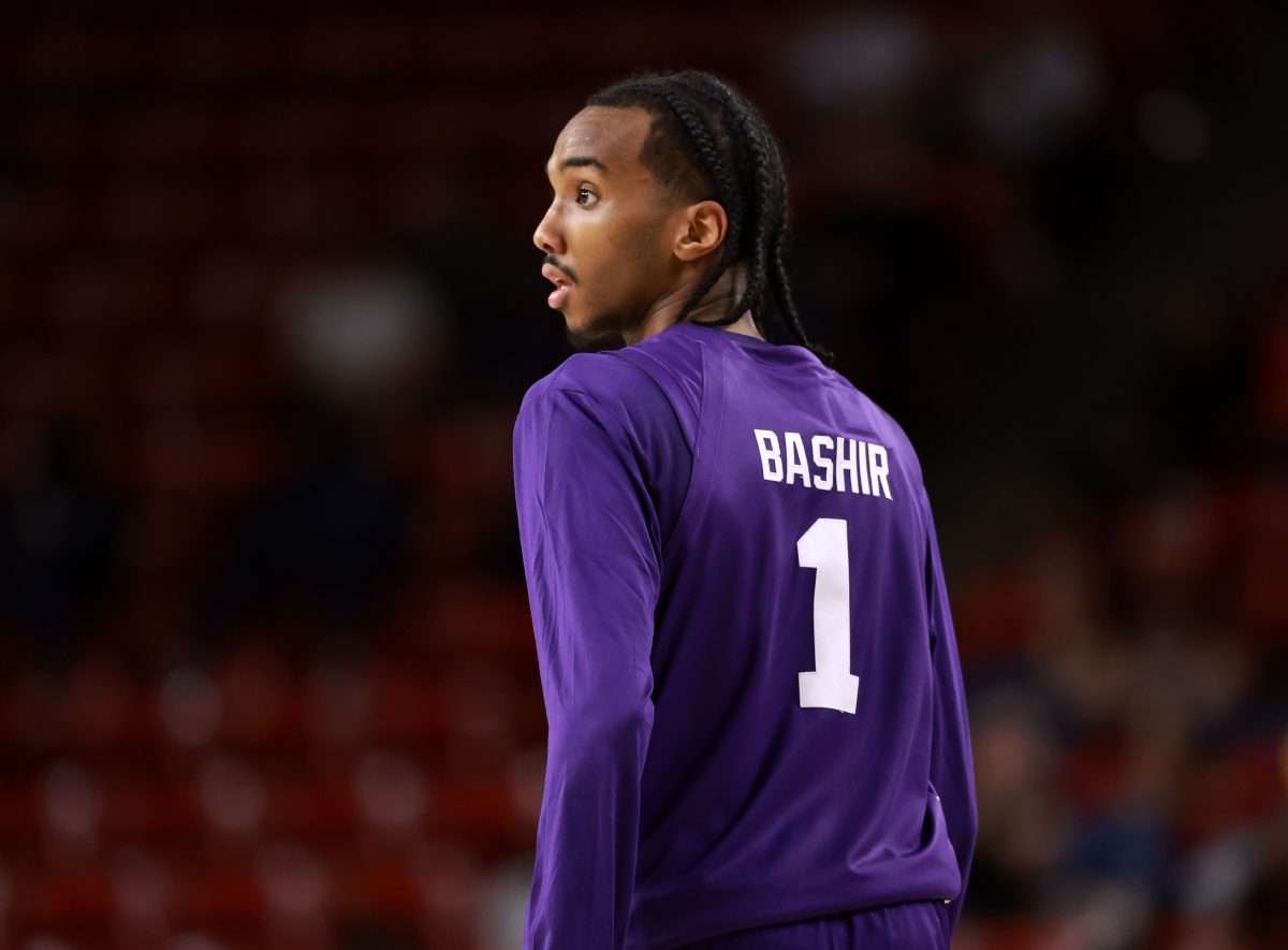 Jan 10, 2026; Tempe, Arizona, USA; Detailed view of the jersey of Kansas State Wildcats guard Abdi Bashir Jr. (1) against the Arizona State Sun Devils in the second half at Desert Financial Arena. Mandatory Credit: Mark J. Rebilas-Imagn Images