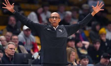 Jan 24, 2026; Boulder, Colorado, USA; UCF Knights head coach Johnny Dawkins calls out in the second half against the Colorado Buffaloes at the CU Events Center. Mandatory Credit: Ron Chenoy-Imagn Images