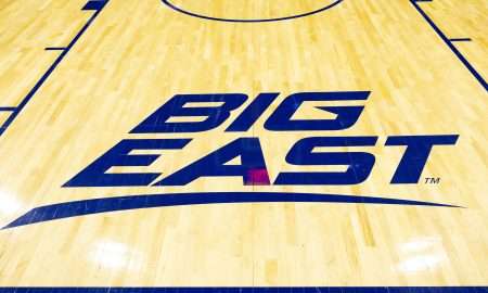 Jan 20, 2024; Philadelphia, Pennsylvania, USA; General view of the Big East logo on the court at Wells Fargo Center before a game between the Villanova Wildcats and the Connecticut Huskies. Mandatory Credit: Bill Streicher-USA TODAY Sports