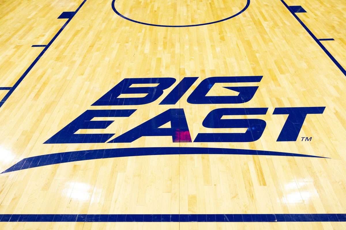Jan 20, 2024; Philadelphia, Pennsylvania, USA; General view of the Big East logo on the court at Wells Fargo Center before a game between the Villanova Wildcats and the Connecticut Huskies. Mandatory Credit: Bill Streicher-USA TODAY Sports