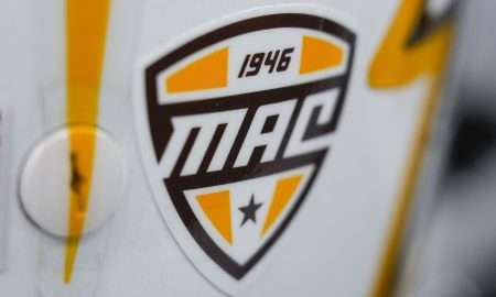 Aug 30, 2024; Madison, Wisconsin, USA; General view of the MAC Conference logo on a Western Michigan Broncos helmet during warmups prior to the game against the Wisconsin Badgers at Camp Randall Stadium. Mandatory Credit: Jeff Hanisch-USA TODAY Sports