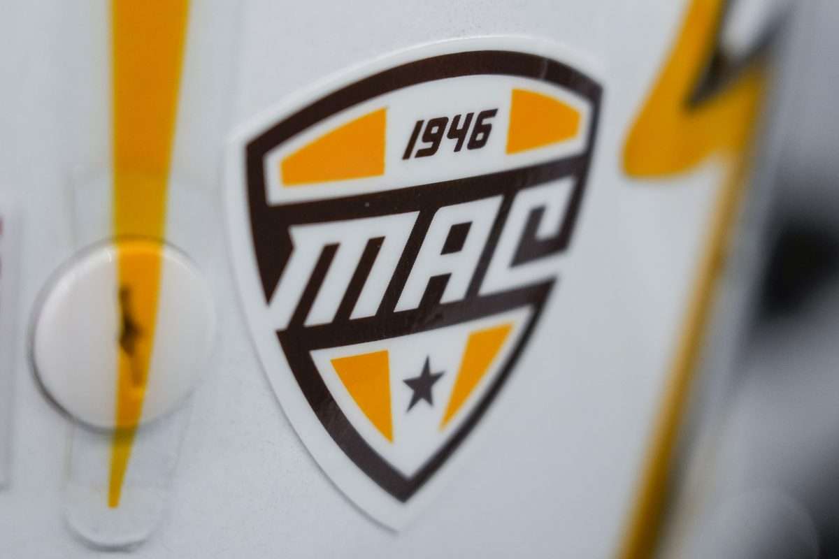 Aug 30, 2024; Madison, Wisconsin, USA; General view of the MAC Conference logo on a Western Michigan Broncos helmet during warmups prior to the game against the Wisconsin Badgers at Camp Randall Stadium. Mandatory Credit: Jeff Hanisch-USA TODAY Sports