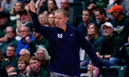 Mar 1, 2025; Fort Collins, Colorado, USA; Utah State Aggies head coach Jerrod Calhoun in the second half against the Colorado State Rams at Moby Arena. Mandatory Credit: Isaiah J. Downing-Imagn Images