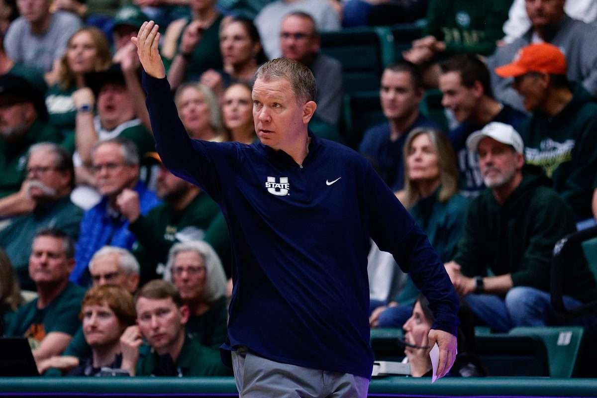 Mar 1, 2025; Fort Collins, Colorado, USA; Utah State Aggies head coach Jerrod Calhoun in the second half against the Colorado State Rams at Moby Arena. Mandatory Credit: Isaiah J. Downing-Imagn Images