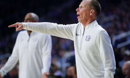 Kansas State Wildcats assistant coach Matthew Driscoll yells out during the game inside Bramlage Coliseum on Jan. 3, 2026.