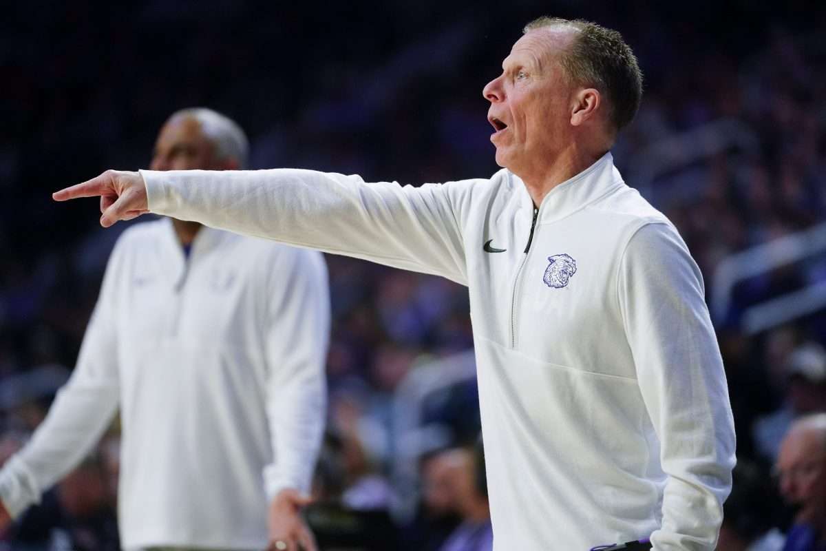 Kansas State Wildcats assistant coach Matthew Driscoll yells out during the game inside Bramlage Coliseum on Jan. 3, 2026.