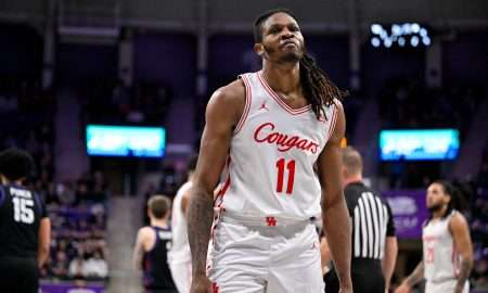 Jan 28, 2026; Fort Worth, Texas, USA; Houston Cougars forward Joseph Tugler (11) looks on during the game at Ed and Rae Schollmaier Arena. Mandatory Credit: Jerome Miron-Imagn Images