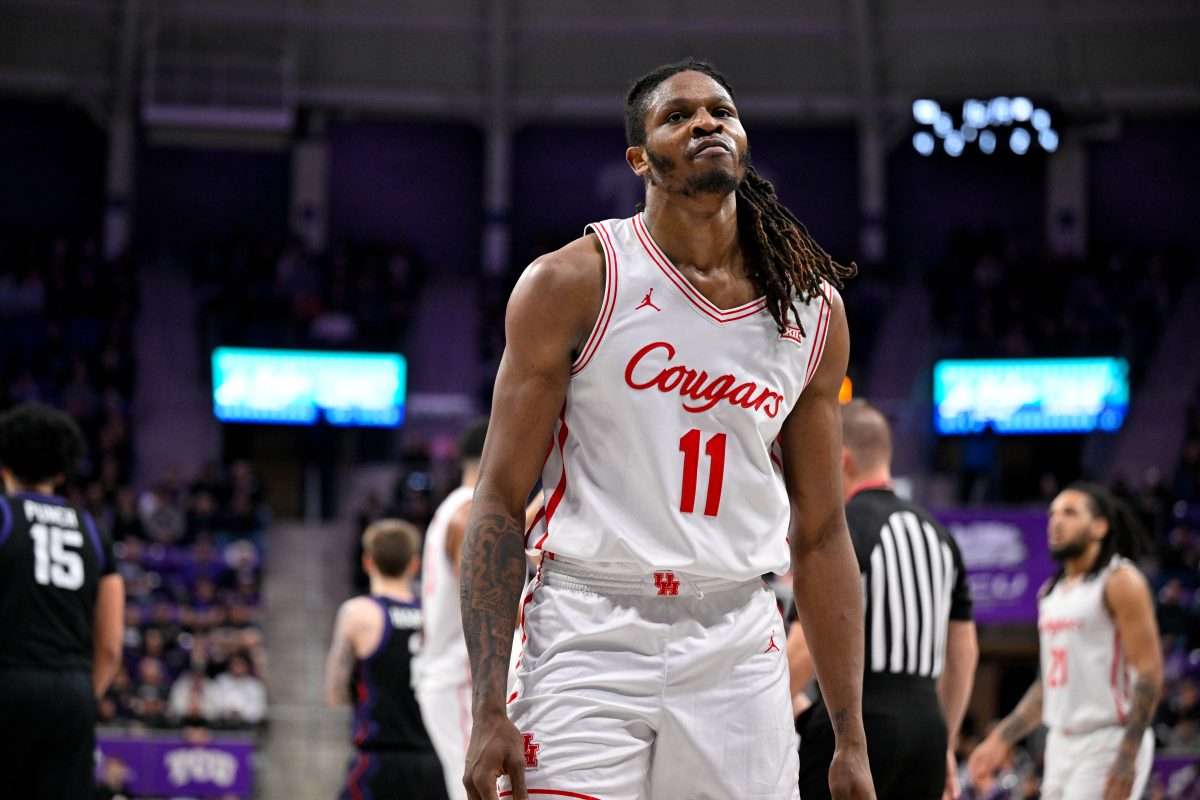 Jan 28, 2026; Fort Worth, Texas, USA; Houston Cougars forward Joseph Tugler (11) looks on during the game at Ed and Rae Schollmaier Arena. Mandatory Credit: Jerome Miron-Imagn Images