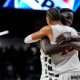 Feb 15, 2026; Cincinnati, Ohio, USA; Cincinnati Bearcats center Moustapha Thiam, back, hugs forward Baba Miller after their team’s win against the Utah Utes at Fifth Third Arena. Mandatory Credit: Aaron Doster-Imagn Images