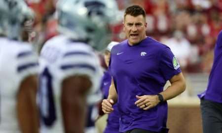 Sep 24, 2022; Norman, Oklahoma, USA; Kansas State Wildcats defensive coordinator Joe Klanderman before the game against the Oklahoma Sooners at Gaylord Family-Oklahoma Memorial Stadium. Mandatory Credit: Kevin Jairaj-USA TODAY Sports