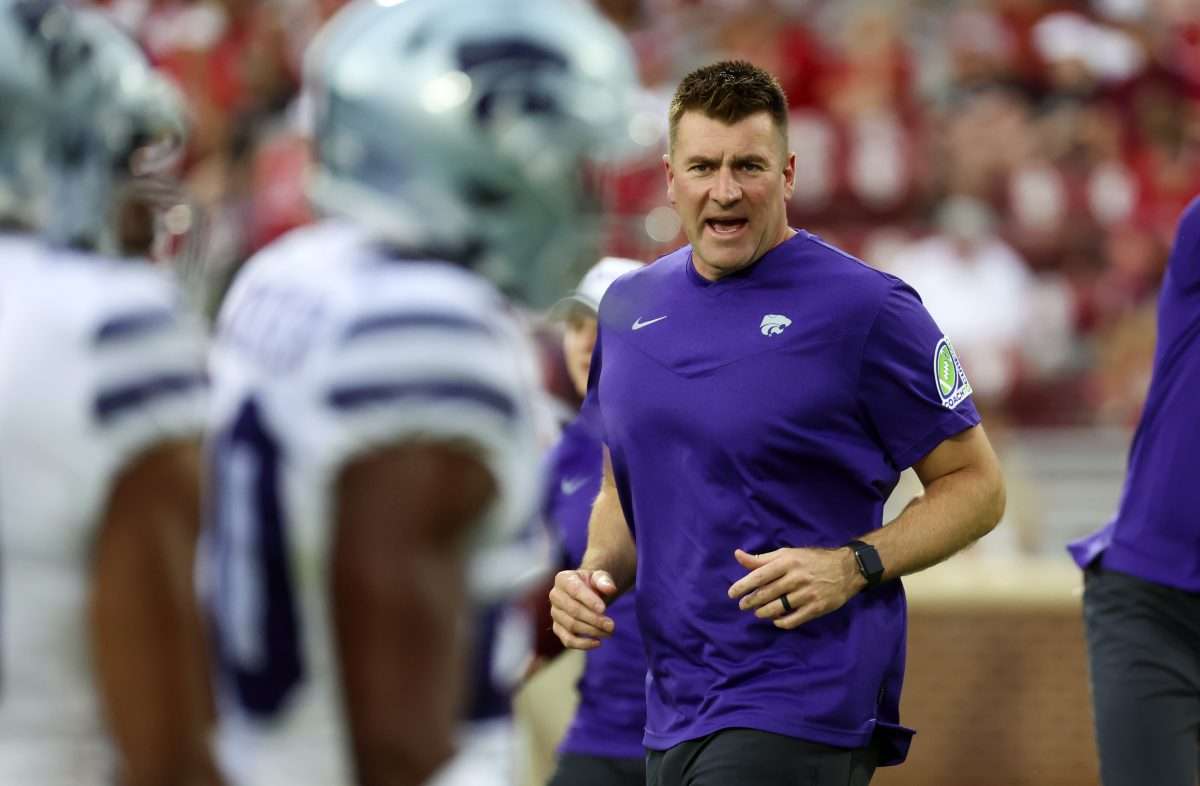 Sep 24, 2022; Norman, Oklahoma, USA; Kansas State Wildcats defensive coordinator Joe Klanderman before the game against the Oklahoma Sooners at Gaylord Family-Oklahoma Memorial Stadium. Mandatory Credit: Kevin Jairaj-USA TODAY Sports