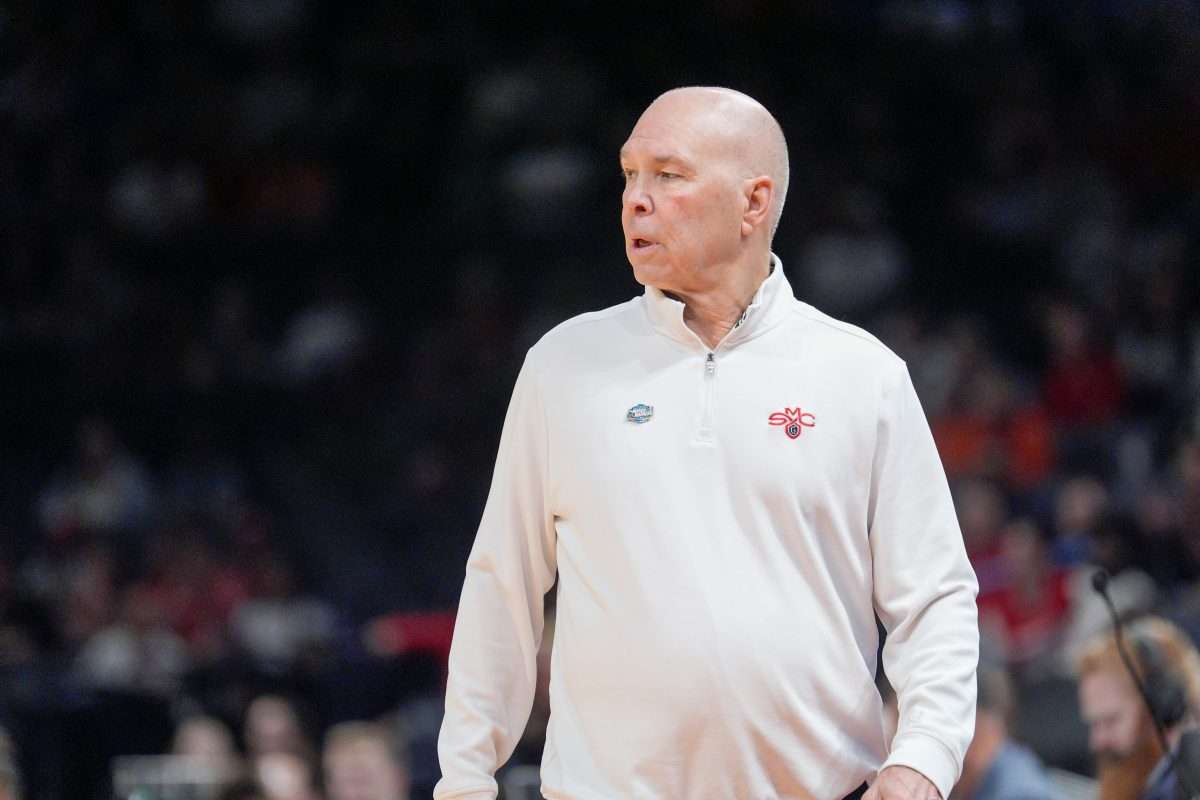 Saint Mary's head coach Randy Bennett walks in front of the bench in the first half during a first round men’s basketball game of the NCAA Tournament between St. Mary's and Texas A&M, at Paycom in Oklahoma City on Thursday, March 19, 2026.