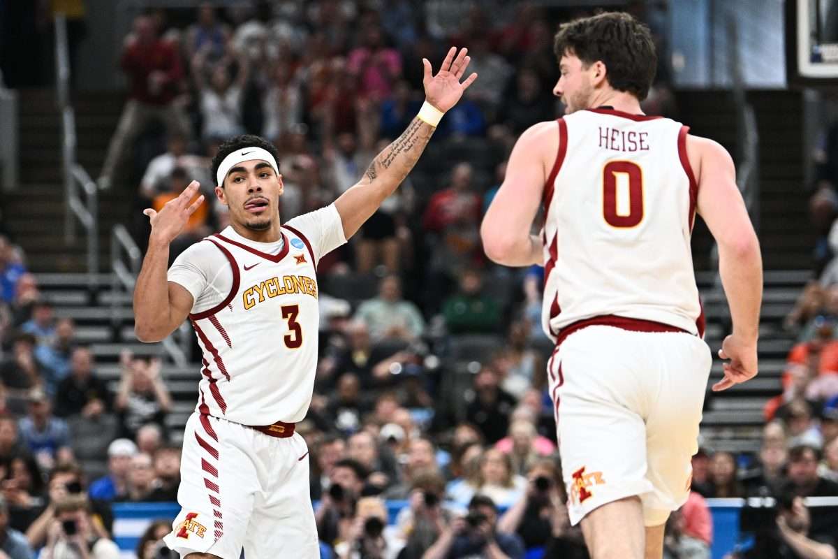 Mar 22, 2026; St. Louis, MO, USA; Iowa State Cyclones guard Tamin Lipsey (3) celebrates after making a play during the second half against the Kentucky Wildcats during a second round game of the men's 2026 NCAA Tournament at Enterprise Center. Mandatory Credit: Jeff Le-Imagn Images