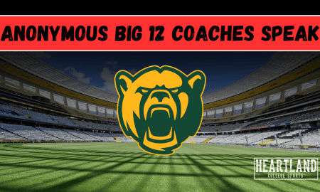 Baylor Bears logo over a football stadium for Heartland College Sports' Anonymous Coaches Survey on head coach Dave Aranda.
