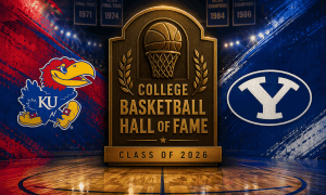 College Basketball Hall of Fame Class of 2026 graphic featuring Kansas and BYU themes.