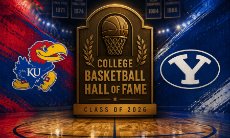 College Basketball Hall of Fame Class of 2026 graphic featuring Kansas and BYU themes.