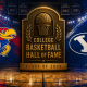 College Basketball Hall of Fame Class of 2026 graphic featuring Kansas and BYU themes.