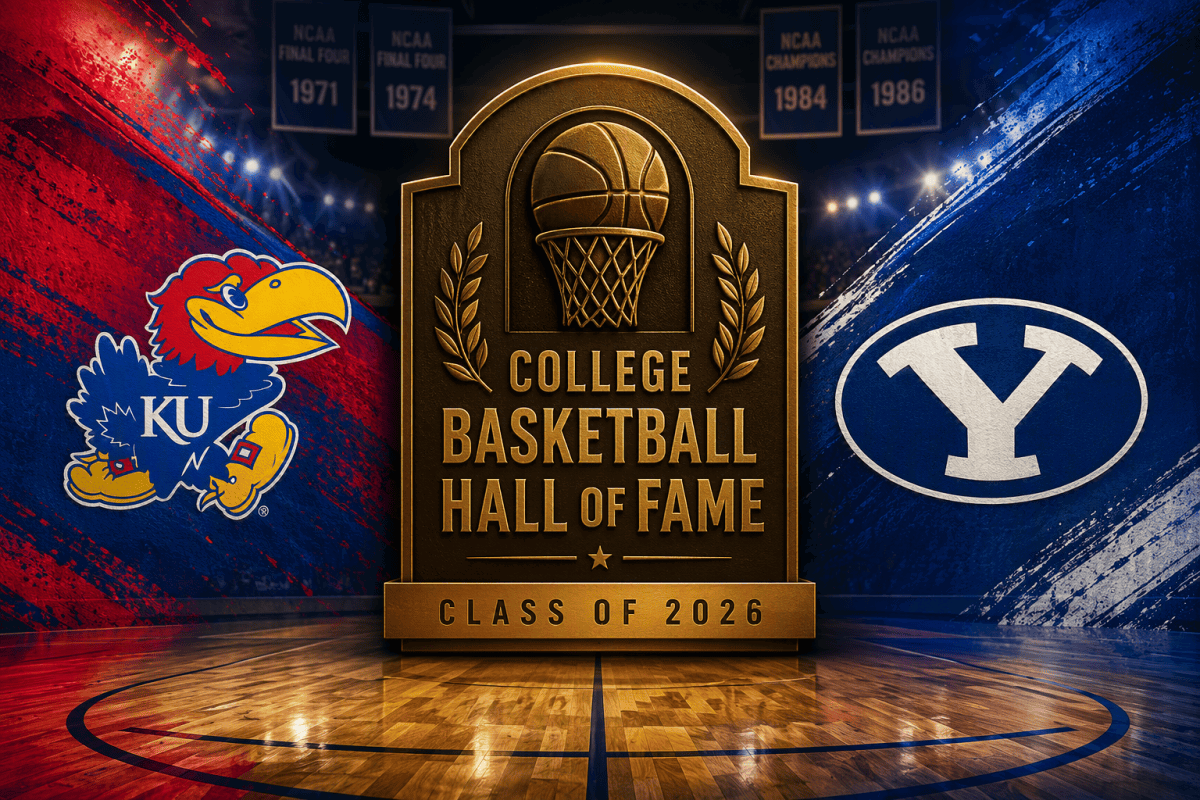 College Basketball Hall of Fame Class of 2026 graphic featuring Kansas and BYU themes.